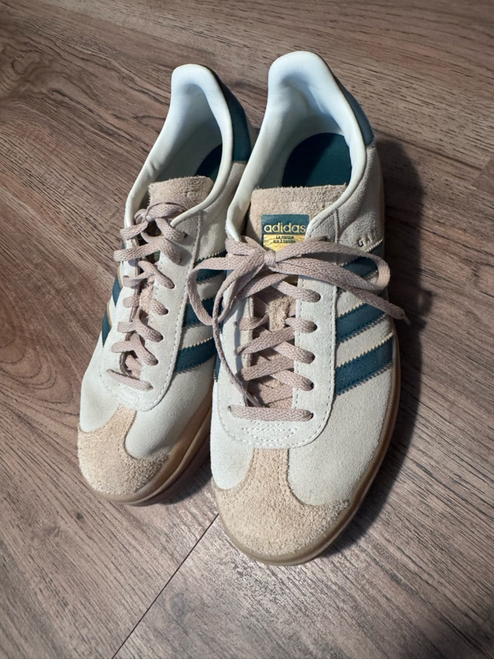 adidas Beige Suede Sneakers with Dark Green Stripes